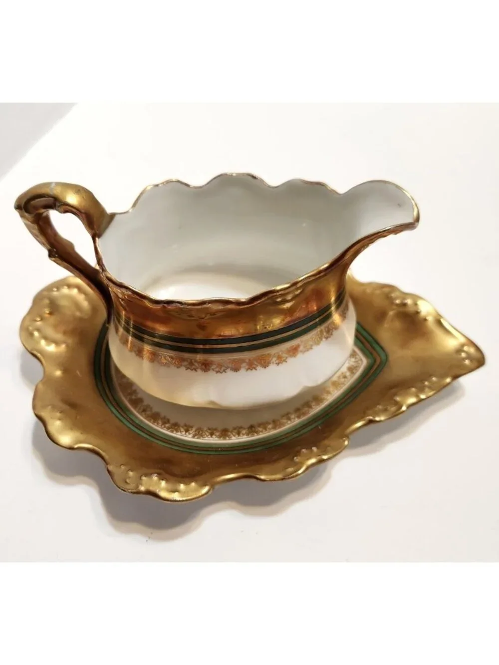 Antique Limoges France B&H Gold Green Trim Porcelain Gravy Boat Underplate READ